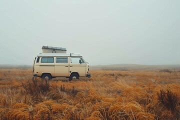 Vintage camper van parked in a vast open field under a foggy sky