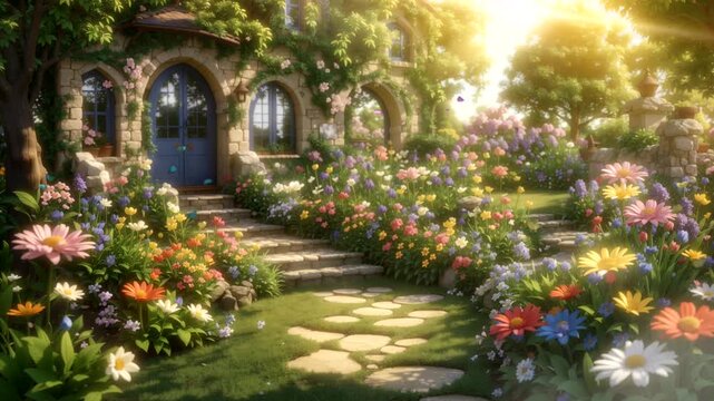 A beautiful secret fairytale garden with flower arches and colorful greenery. Digital painting background.