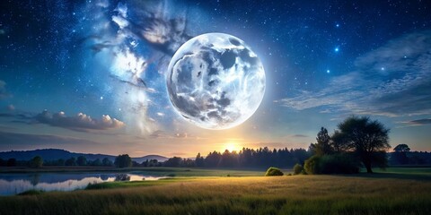 Night sky with a large, bright full moon shining down on a peaceful landscape, evening, dark, sky, nighttime, celestial body, space, beauty,night, celestial, universe, nightfall, nature