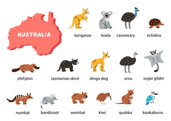 Australian animals set with names. Australia map of fauna.