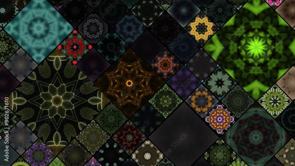 Poster digital grid multiple flower mandala video pattern in one screen. mandala kaleidoscope tile pattern 