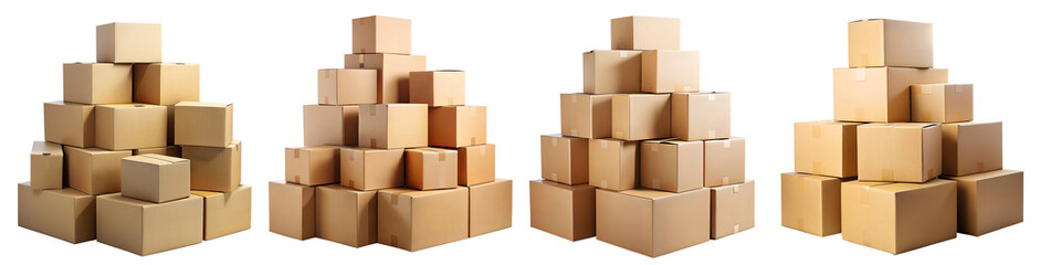 Fototapeta premium Set of different cardboard boxes on transparent background. Moving and storage concept.