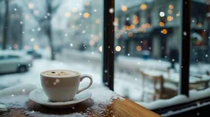 Close-up cup of coffee on a table by a window in a cafe, city view while snowing, cold winter season. Drinking a hot beverage, tea, cappucino latte or espresso in a cozy restaurant, travel vacation