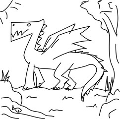 Image of a dragon walking in a meadow near a river, a picture drawn by a boy