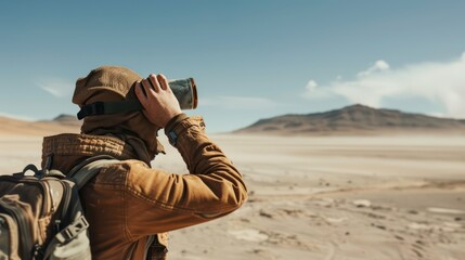 Obraz premium Explorer covering eyes with goggles while crossing a dusty desert terrain
