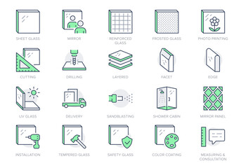 Glass types line icons. Vector illustration include icon - ferroglass, reinforced, frosted, privacy, strained, tempered, secure outline pictogram for mirrors. Editable Stroke, Green Color