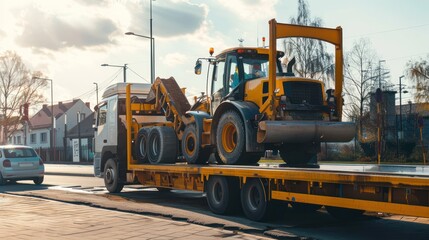 Construction machinery being loaded onto a flatbed trailer for transport
