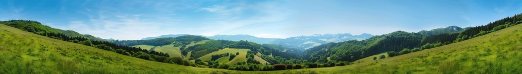 Obraz premium panoramic photo of beautiful green mountains and forests, grassy hills, clear blue sky.Carpathian mountains on a summer day