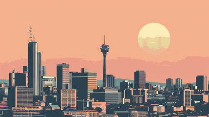 Obraz premium Risograph vibrant riso print travel poster, card, wallpaper or banner illustration, modern, isolated, clear, simple of Johannesburg, South Africa. Artistic, screen printing, stencil