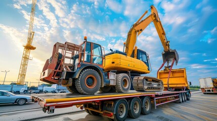 Construction machinery being loaded onto a flatbed trailer for transport