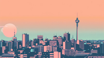 Obraz premium Risograph vibrant riso print travel poster, card, wallpaper or banner illustration, modern, isolated, clear, simple of Johannesburg, South Africa. Artistic, screen printing, stencil