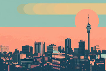 Fototapeta premium Risograph vibrant riso print travel poster, card, wallpaper or banner illustration, modern, isolated, clear, simple of Johannesburg, South Africa. Artistic, screen printing, stencil