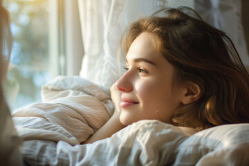 Fototapeta premium Happy young beautiful woman lying down on bed after wake up in the morning. Relaxing concept