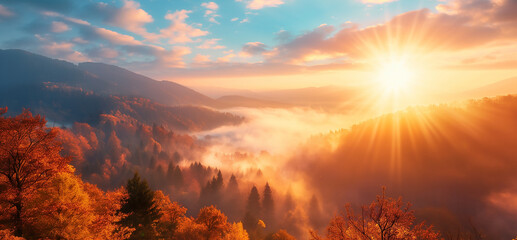 Naklejka premium Morning sunrise with beautiful nature, autumn scenery of foggy valley. Outdoor travel, relax concept