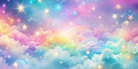 Pastel color dream background with glittering stars and colorful clouds