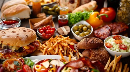 A vibrant and appetizing spread of fast food including burgers, fries, salads, and various sides, ideal for promoting restaurants, food delivery services, and catering events,