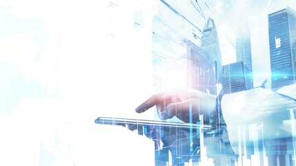 Digital Cityscape with Hand and Tablet
