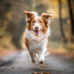 Joyful image of a happy dog running on a path at sunrise, capturing the joy and energy of a morning run.