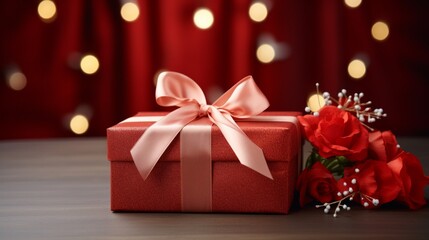 Big red box with ribbon for Christmas gift on dark background. Neural network ai generated art