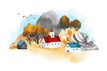 Autumn rural romantic watercolor vector landscape. Horizontal bright Illustration with trees, cozy houses, church, mountains and birds. Design for print, card, banner, book