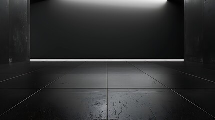 A modern, dark room with sleek black floors and walls illuminated by a single overhead light can be used for backgrounds, product displays, or minimalist design concepts,