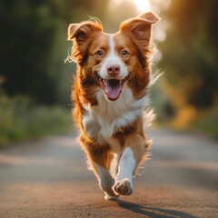 Joyful image of a happy dog running on a path at sunrise, capturing the joy and energy of a morning run.