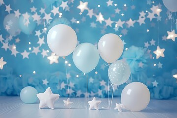Colorful balloons and star decorations against a blue background create a festive atmosphere perfect for birthday parties, baby showers, or celebration-themed marketing materials,