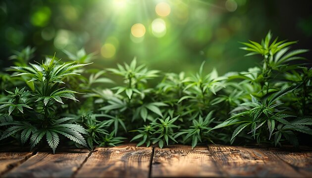 Lush green cannabis plants are growing on a rustic wooden table with sunlight filtering through a garden canopy, suitable for topics on horticulture, plant cultivation, or cannabis industry uses,