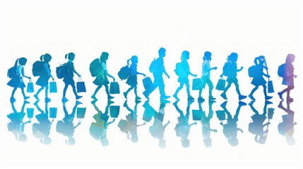 A group of children are walking in a line, some of them carrying backpacks