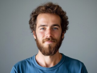 Obraz premium Portrait of a bearded man with dark hair wearing a blue shirt, looking confidently at the camera against a neutral background.