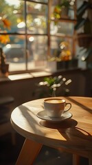 A serene coffee shop scene with a cup of latte art on a wooden table, bathed in warm sunlight from a large window perfect for promoting cafes, morning routines, relaxation, and lifestyle content