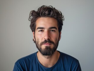 Fototapeta premium Portrait of a bearded man with dark hair wearing a blue shirt, looking confidently at the camera against a neutral background.