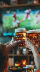 Beer toast during a soccer match on a blurry bar background