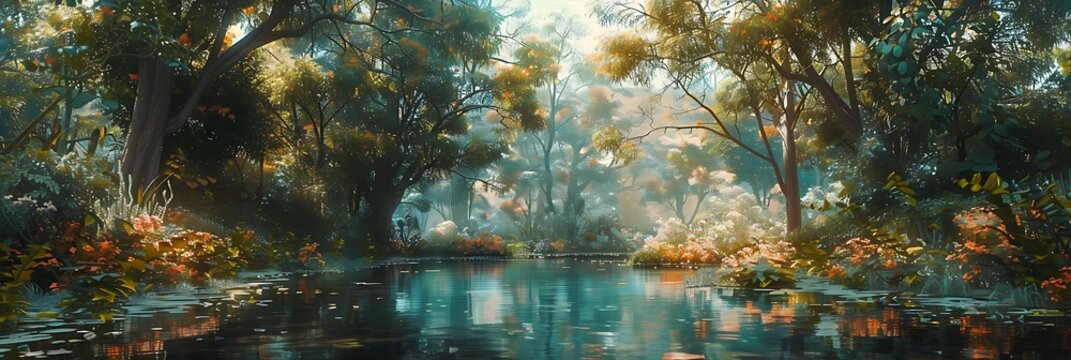 A tranquil forest scene featuring a serene river surrounded by lush green trees and colorful flowers ideal for nature-themed designs, environmental campaigns, relaxation visuals
