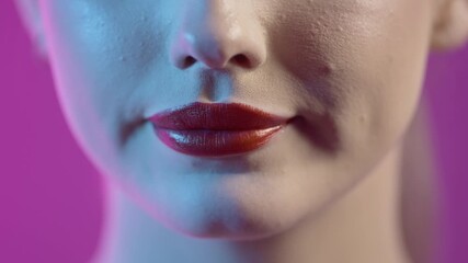 Close Up Of Woman's Lips With Burgundy Color Lipstick Kissing Against Purple Background, Studio Shot