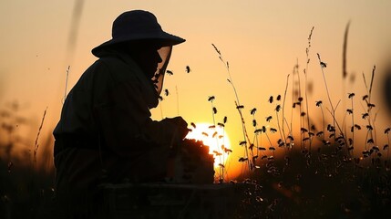 A man in a hat is sitting in a field with bees