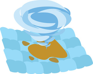 Cartoon tornado forming over blue water with clouds forming around the funnel