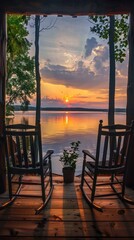 Sunset Over Lake with Rocking Chairs on Wooden Dock