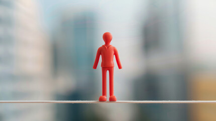 Explore a 3D figure on a tightrope, symbolizing mental balance. Ideal for wellness themes, with space for text and a deep depth of field.