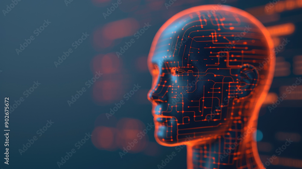 Poster explore a futuristic 3d head design featuring a holographic interface, emphasizing mental wellness a