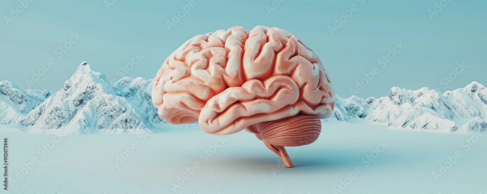 Poster explore the highs and lows of mental health through a detailed 3d landscape of the brain, featuring 