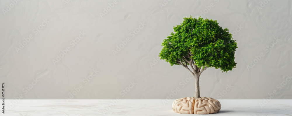 Poster explore the concept of mental health with a 3d tree emerging from a human brain, representing natura