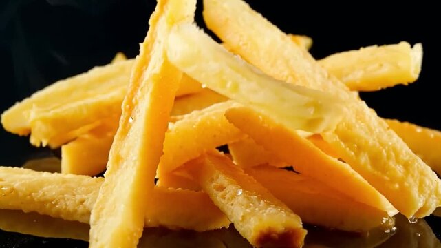 French fries are gracefully falling into a liquid on a deep black background surface