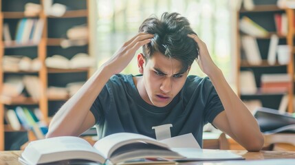 Student pulling hair in frustration while preparing for a difficult final exam