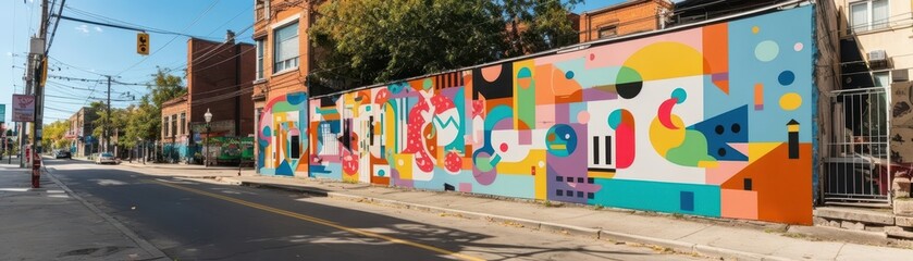 Colorful street mural with abstract shapes and vibrant colors on a sunny day in urban area.
