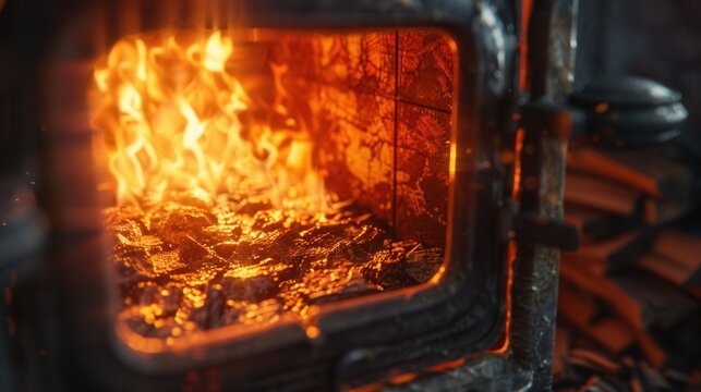 Burning firewood in fire-box of fireplace in country cottage. Rustic cooking oven with burning logs