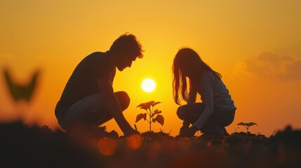 Obraz premium A man and a girl are planting a seedling in the ground