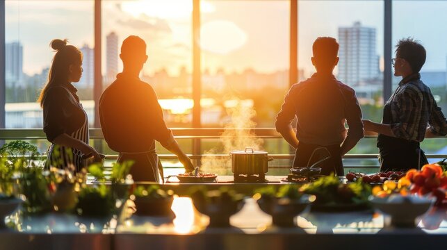 A group of chefs are standing around a table with a variety of food