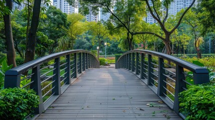 Obraz premium Two pedestrian bridges connecting parks in a city with greenery around