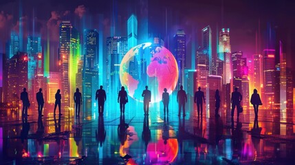 A vibrant futuristic cityscape with silhouettes of people and a glowing globe, symbolizing global connectivity and technological advancement.